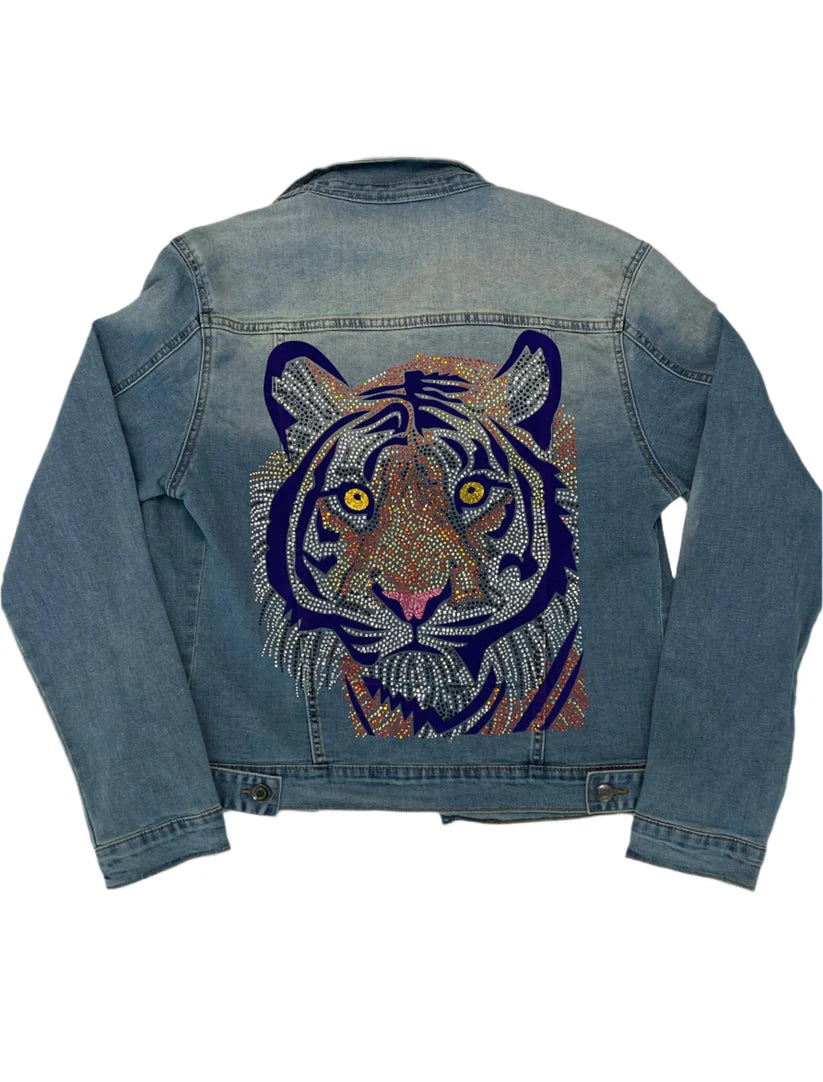 Denim Jacket, Medium Wash Blue, Purple Tiger Face