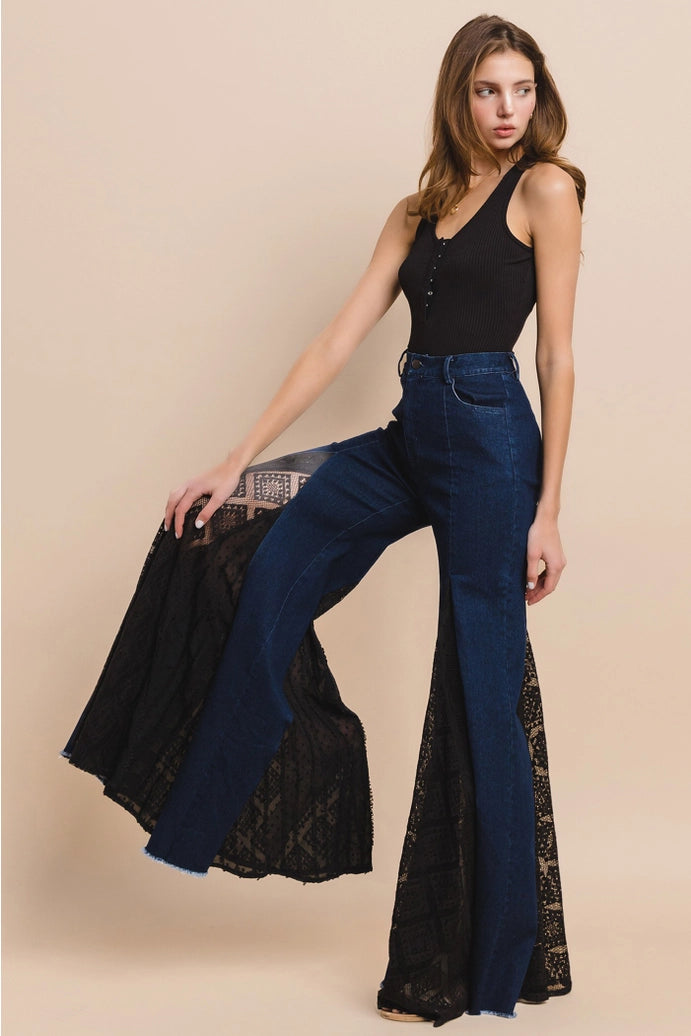 Lace Detail Wide Leg Jeans 2481PIB Dk Denim