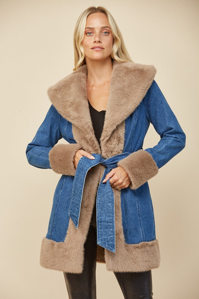 Soft Faux Fur Lined Denim Coat with Sash