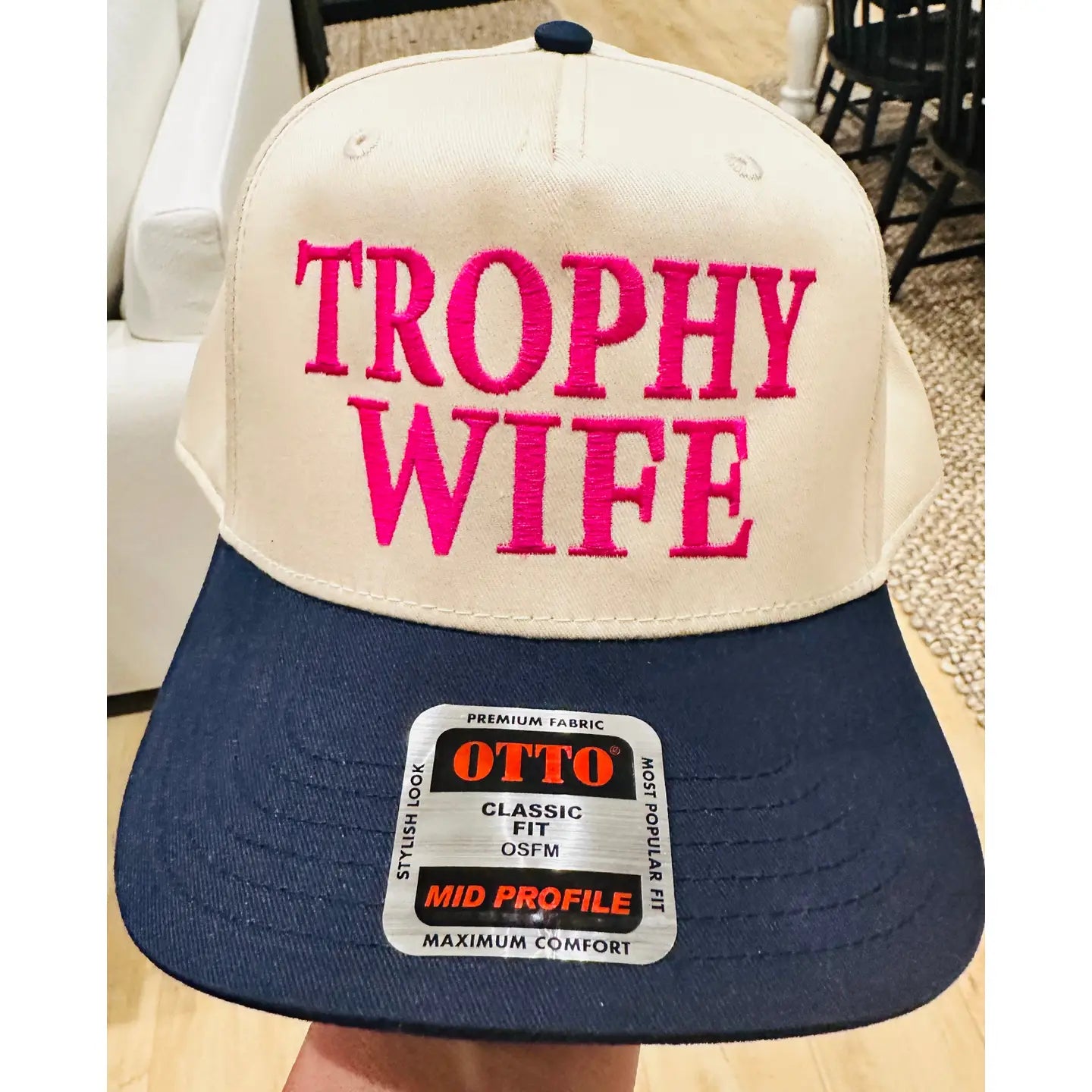 Trophy Wife Embroidery On A Navy and Natural Trucker Hat