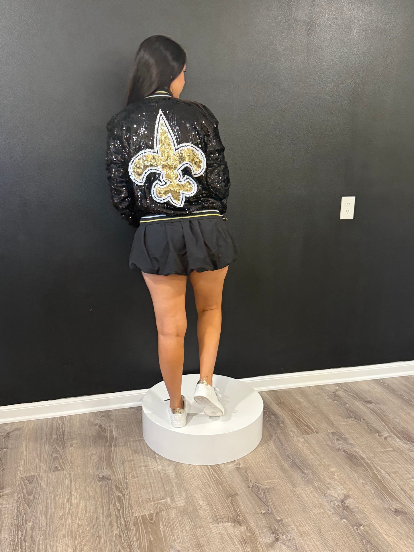 Striped Trim Party Sequin Bomber Jacket