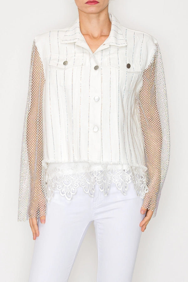 Statement Denim Jacket with Sparkly Details & Net Mesh Sleeves