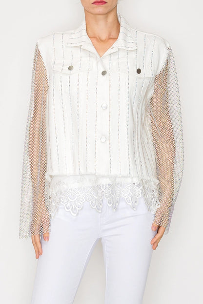 Statement Denim Jacket with Sparkly Details & Net Mesh Sleeves