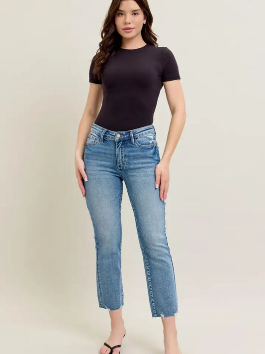 Judy Blue Mid Rise Vintage Wash Destroy Hem Kick Flare