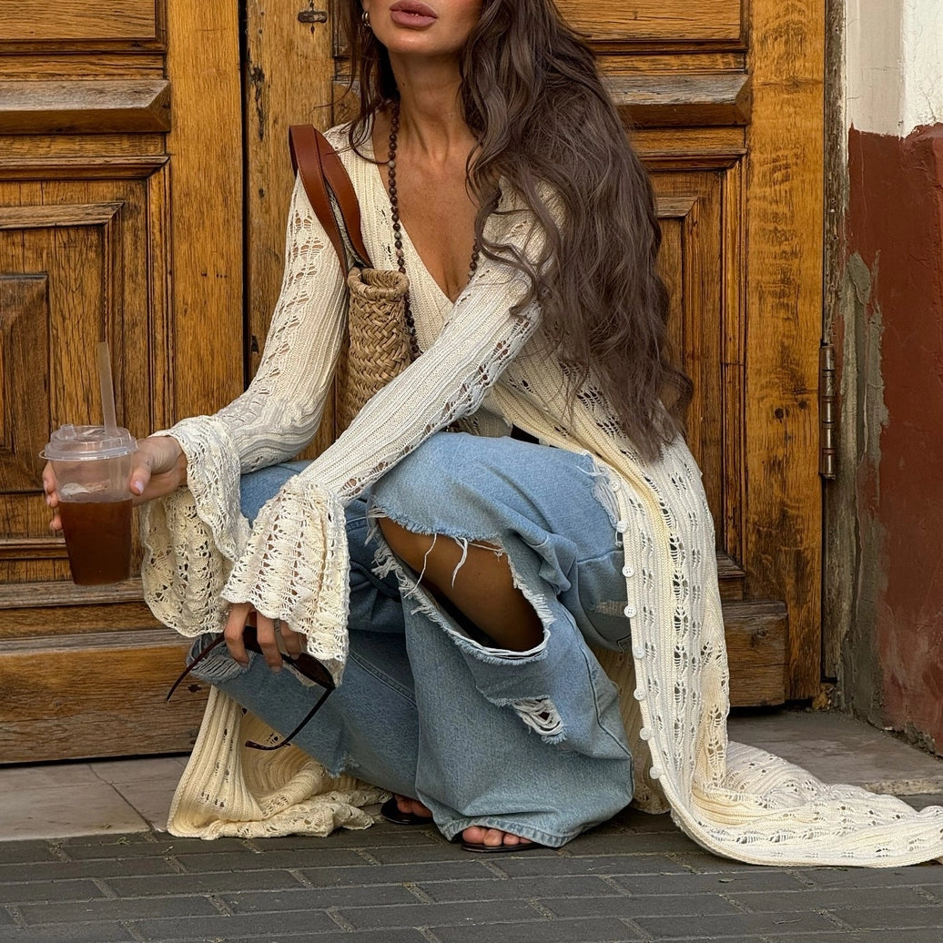 Y2K Hollow Bell Sleeves Crochet Maxi Cardigan