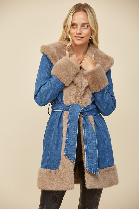 Soft Faux Fur Lined Denim Coat with Sash
