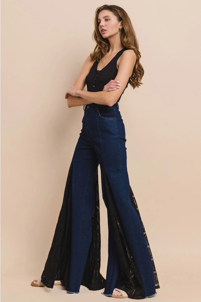 Lace Detail Wide Leg Jeans 2481PIB Dk Denim