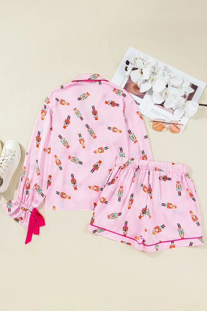 Pink Nutcracker Print Contrast Trim Tied up Bow Silky 2pcs Pajama Set