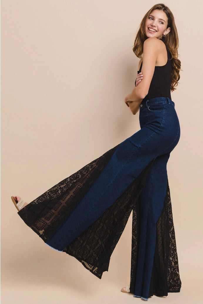 Lace Detail Wide Leg Jeans 2481PIB Dk Denim