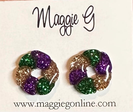Mardi Gras King Cake Stud Earrings  (Fine Glitter)