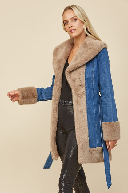 Soft Faux Fur Lined Denim Coat with Sash