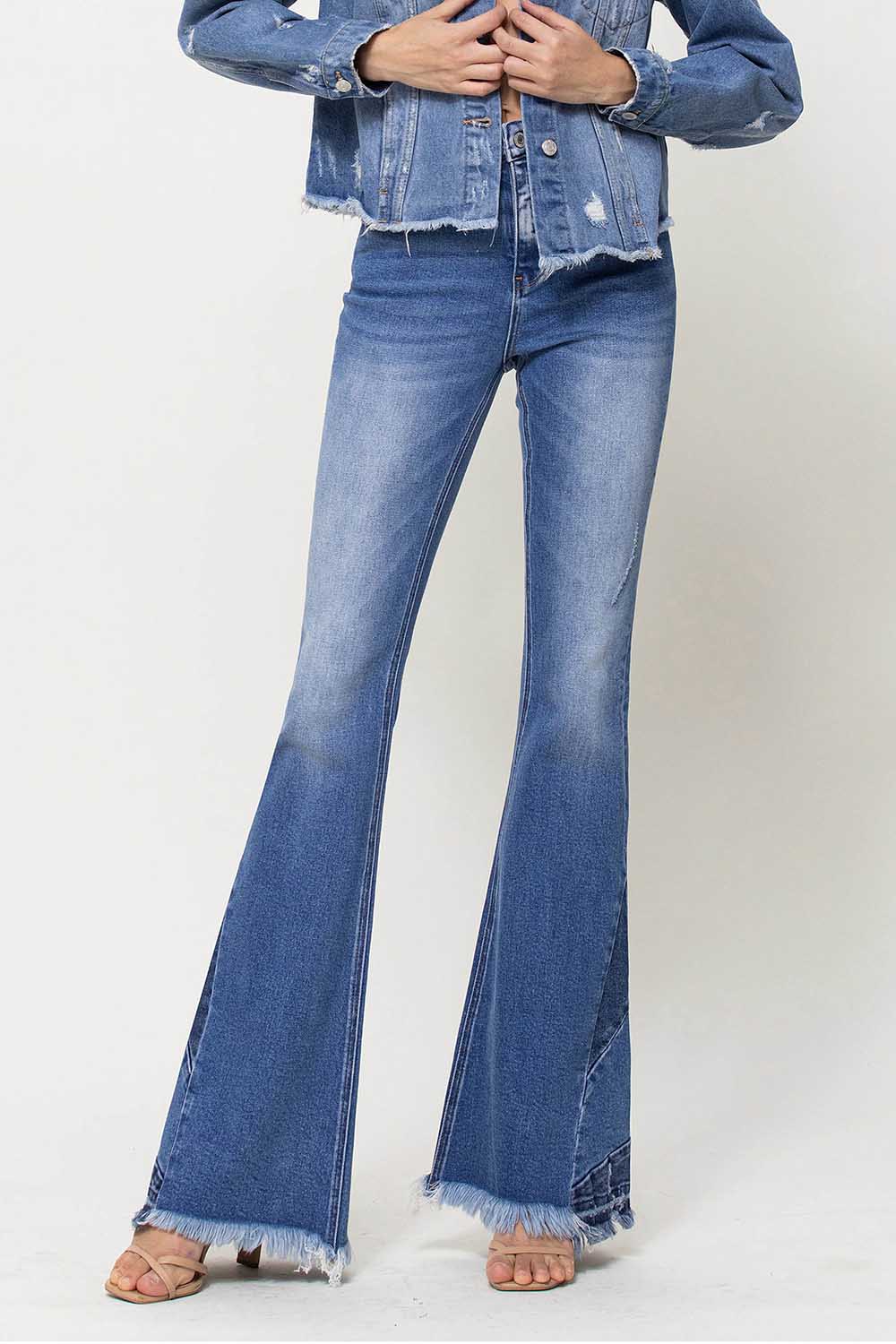 High Rise Side Panel Frayed Hem Super Flare Jeans