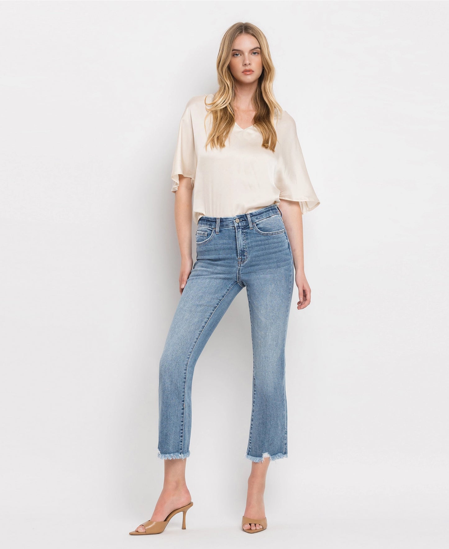 High Rise Frayed Hem Crop Flare Jeans (BELLA)