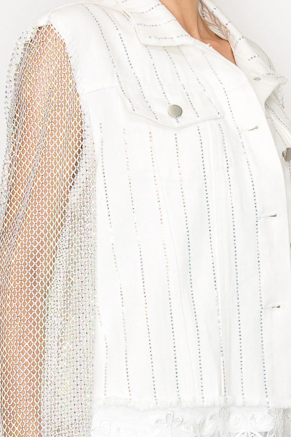 Statement Denim Jacket with Sparkly Details & Net Mesh Sleeves