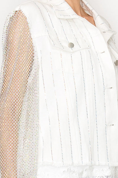 Statement Denim Jacket with Sparkly Details & Net Mesh Sleeves