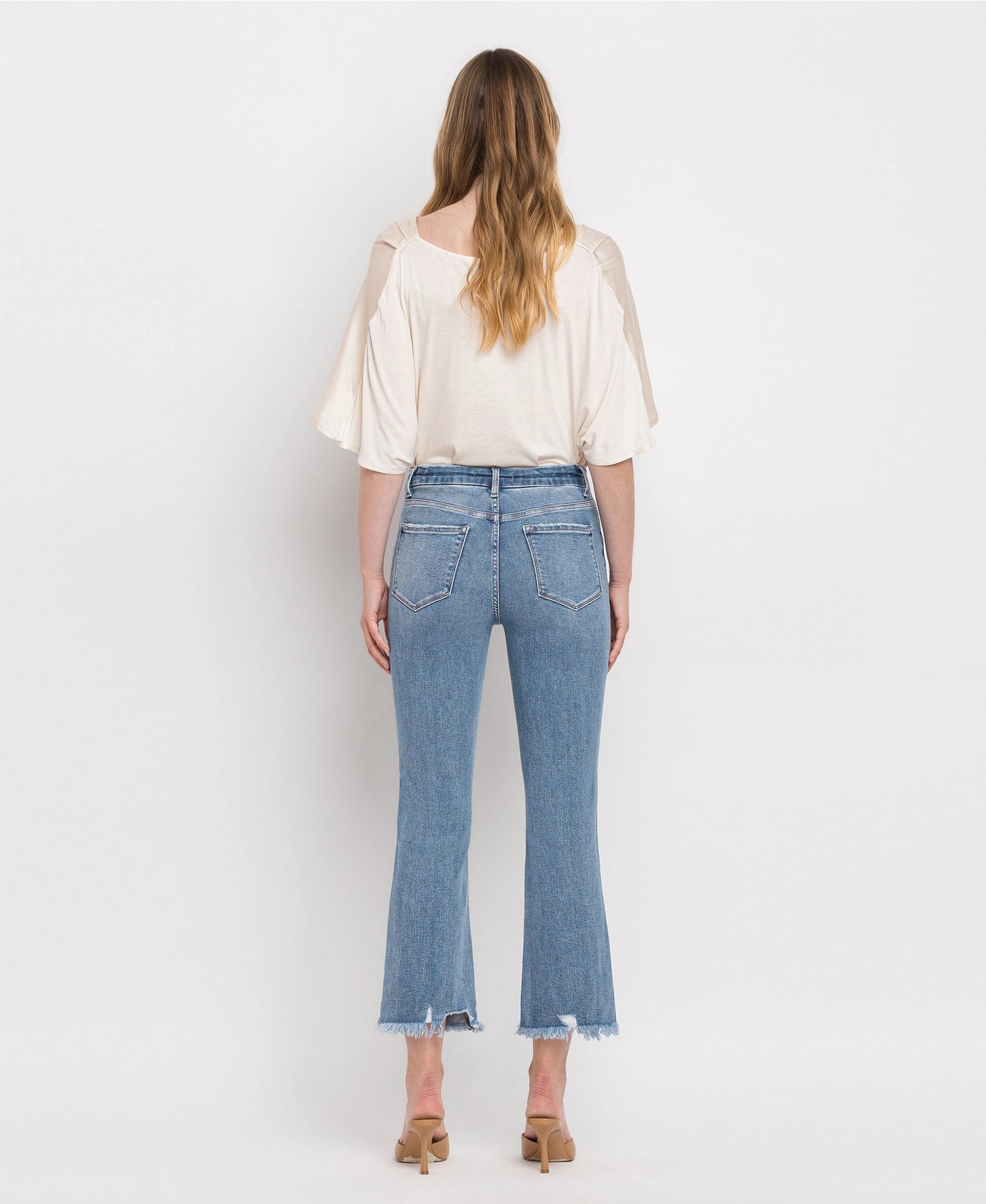 High Rise Frayed Hem Crop Flare Jeans (BELLA)