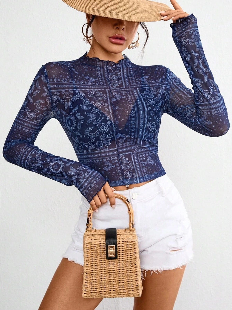 Paisley Print Lace Mesh Fitted Top T-Shirt