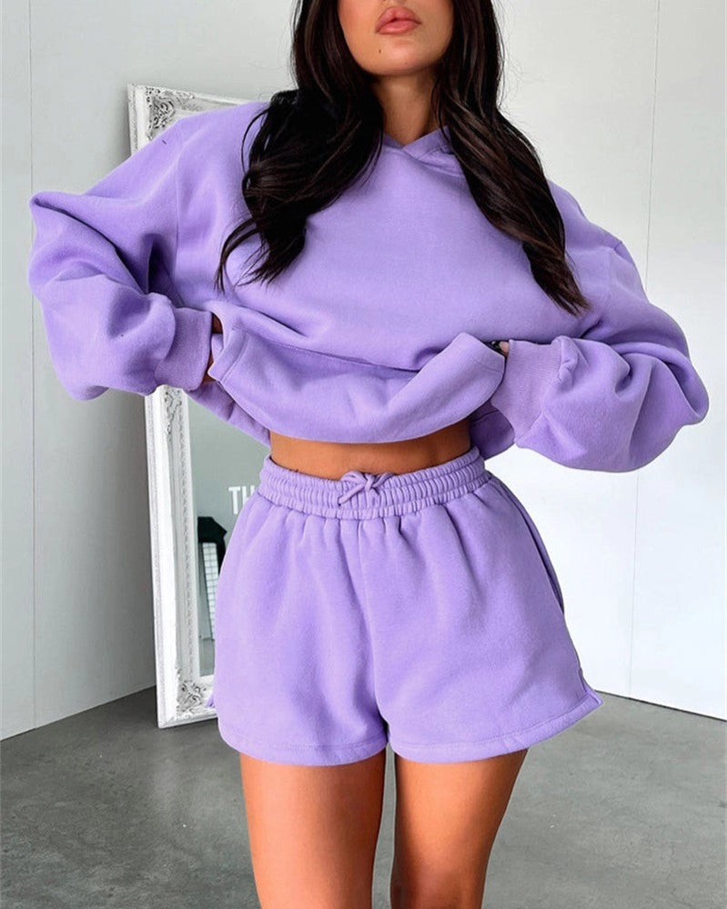Basic Pocket Hoodie & Drawstring Short Set Outfits