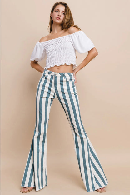 Striped Bellbottom Jeans - Teal 2001