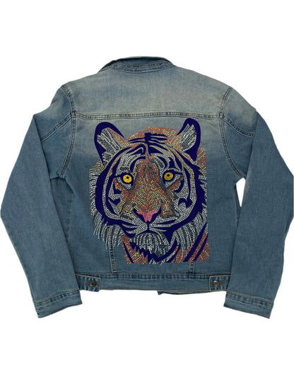 Denim Jacket, Medium Wash Blue, Purple Tiger Face