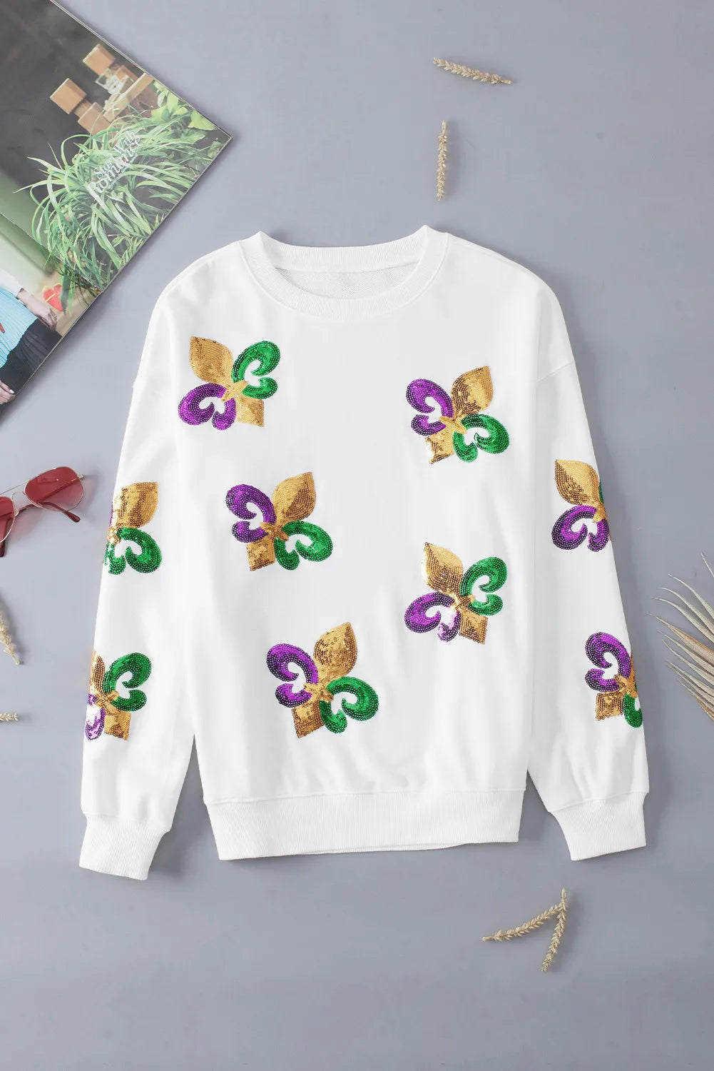 White Sequin Mardi Gras Graphic Pullover Sweatshirt