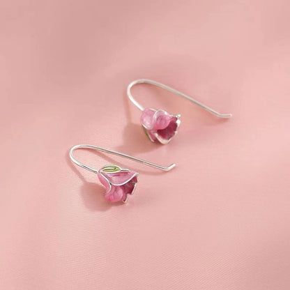 Pink Enamel Tulip Flower Earrings in 925 Sterling Silver