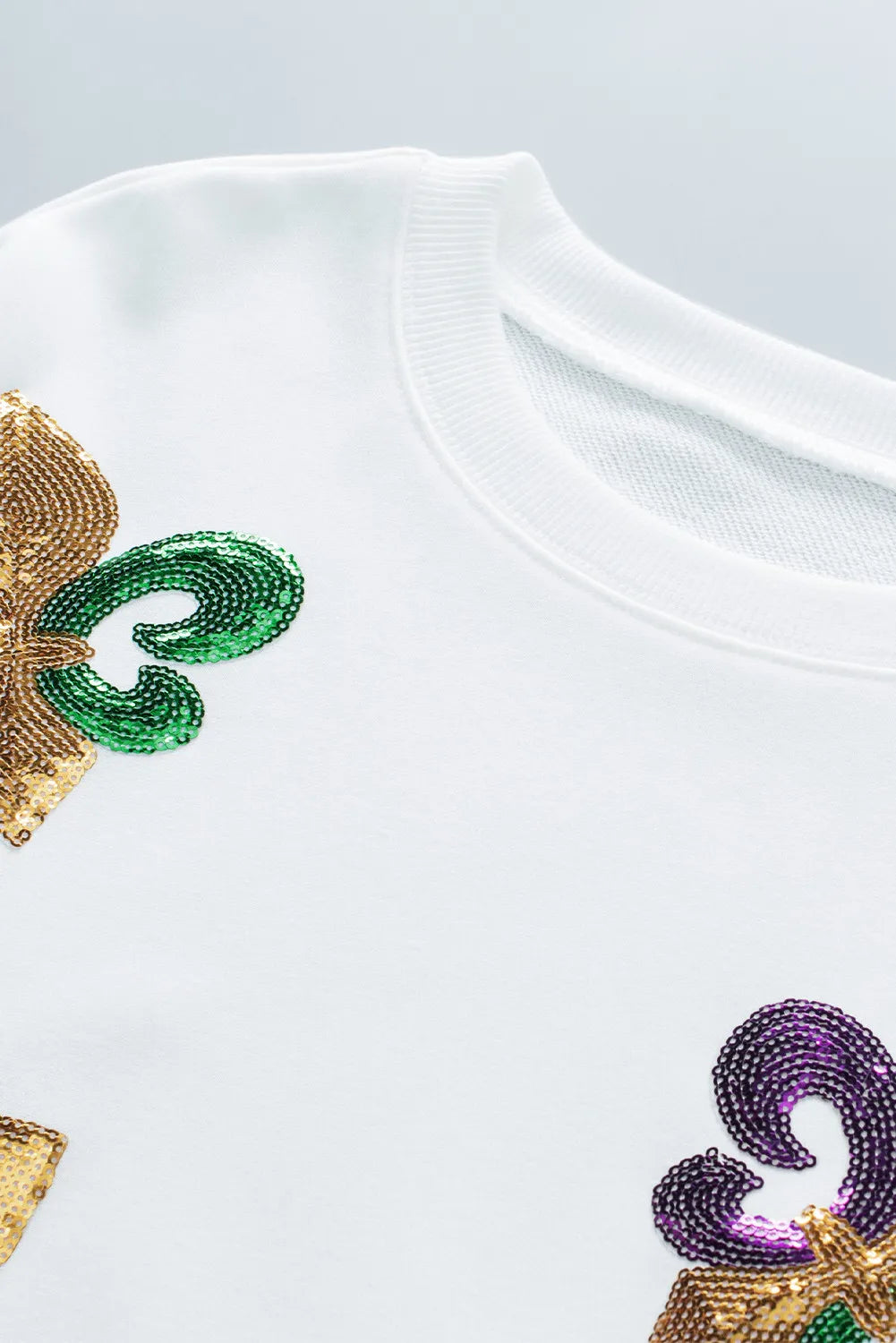 White Sequin Mardi Gras Graphic Pullover Sweatshirt