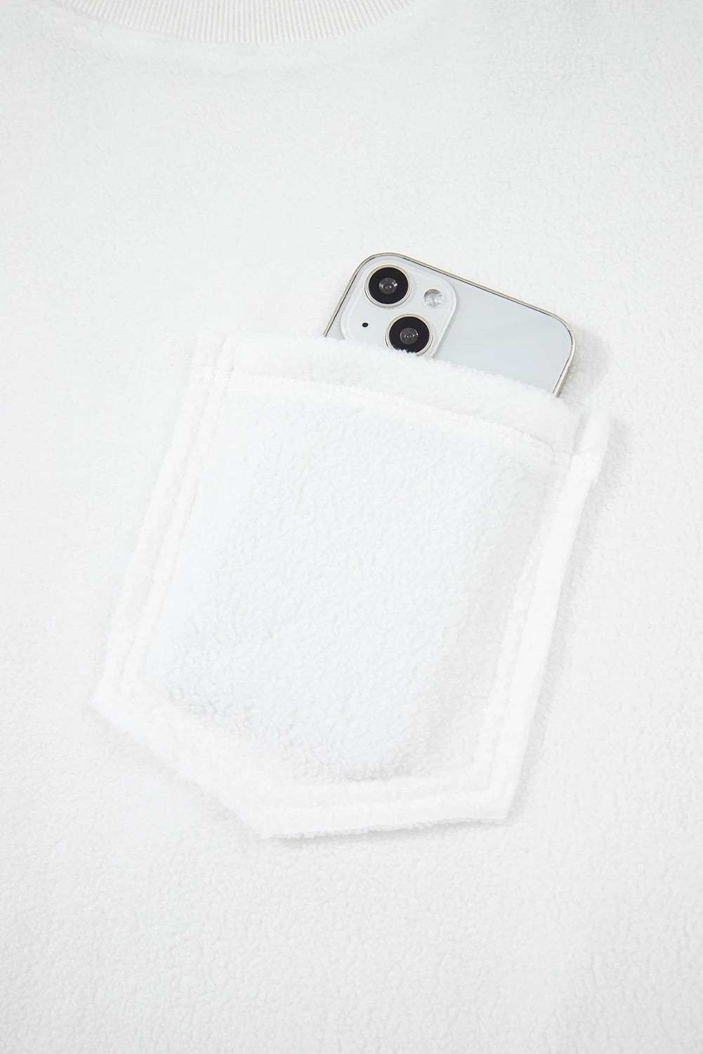 White Exposed Seam Chest Pocket Knit Pullover Sweatshirt