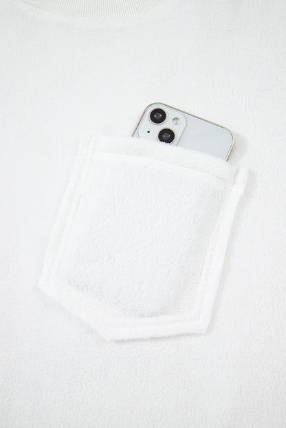 White Exposed Seam Chest Pocket Knit Pullover Sweatshirt