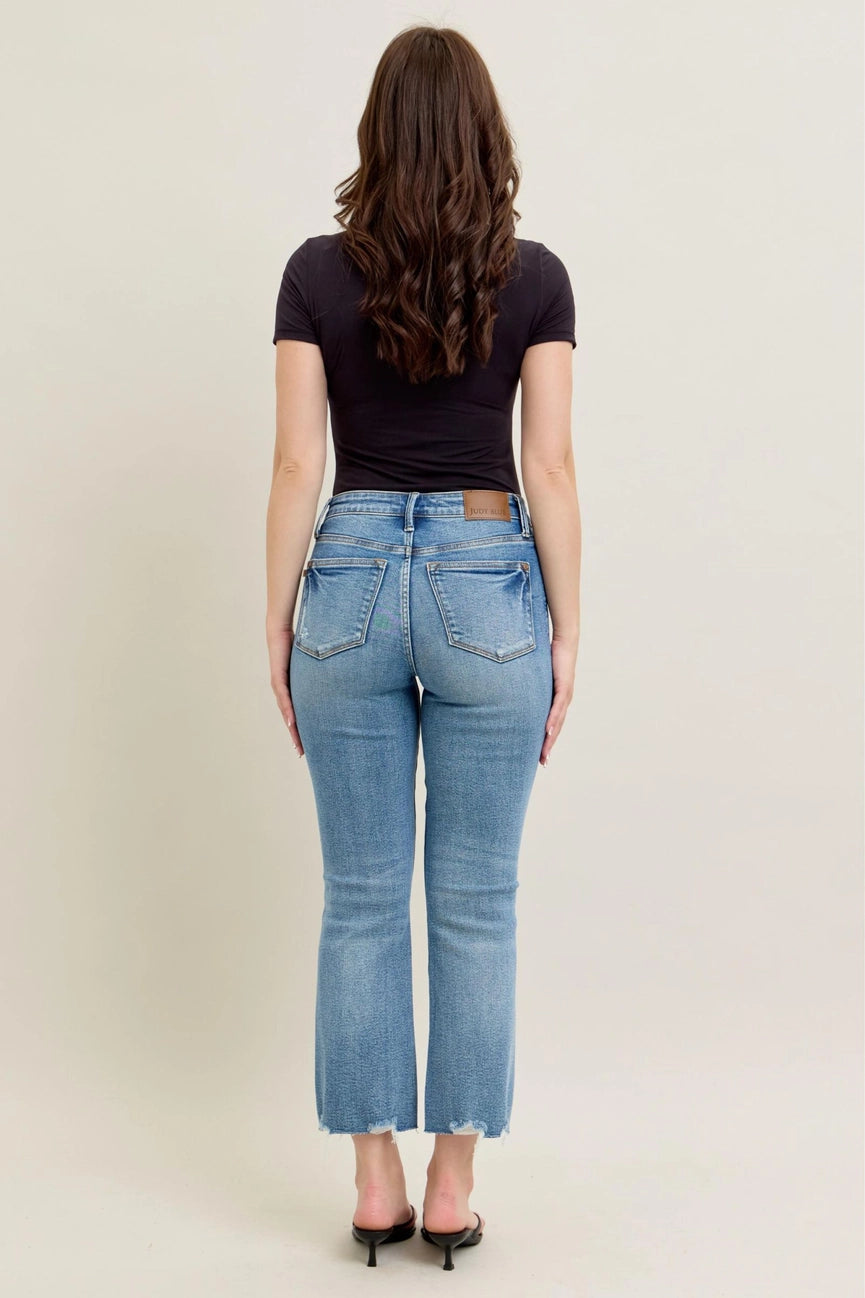Judy Blue Mid Rise Vintage Wash Destroy Hem Kick Flare