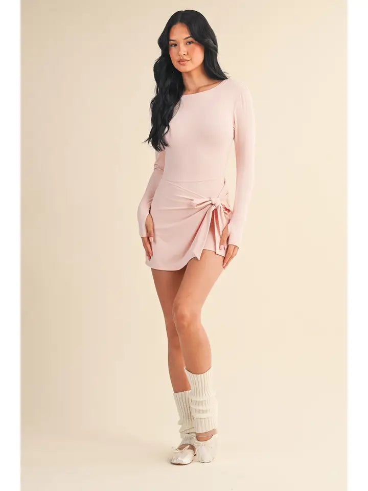 Pink Long Sleeve Wrap Tie Front Dress