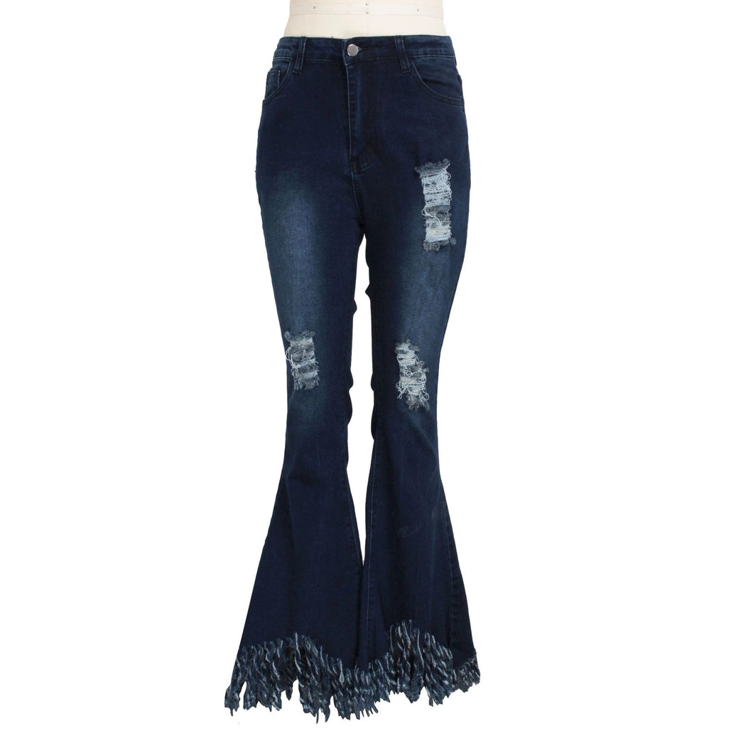 Western High Rise Fringe Ripped Flare Jeans
