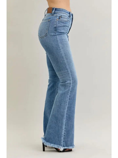 High Waisted Flare Front Pintuck Detail & Fray Hem