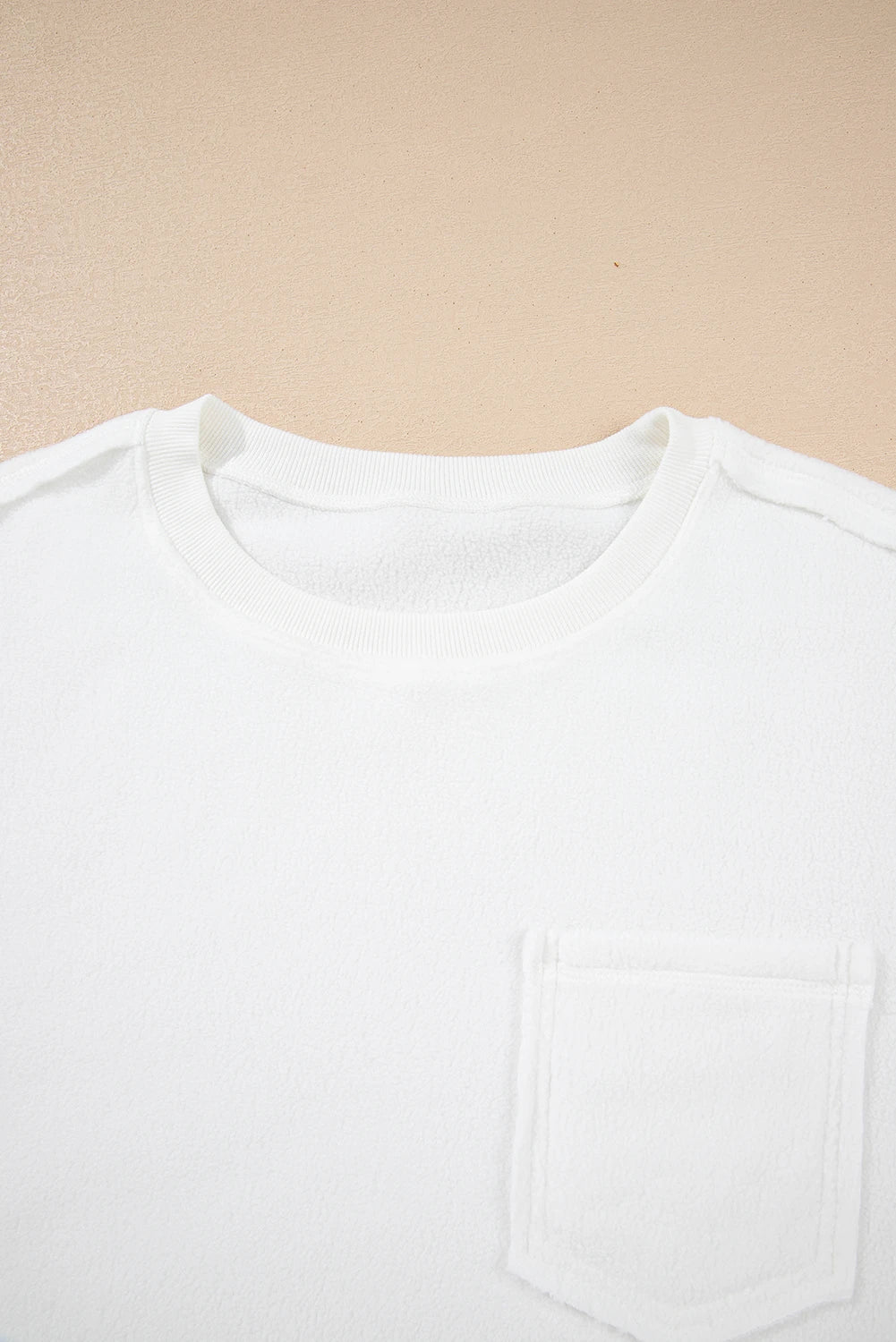 White Exposed Seam Chest Pocket Knit Pullover Sweatshirt