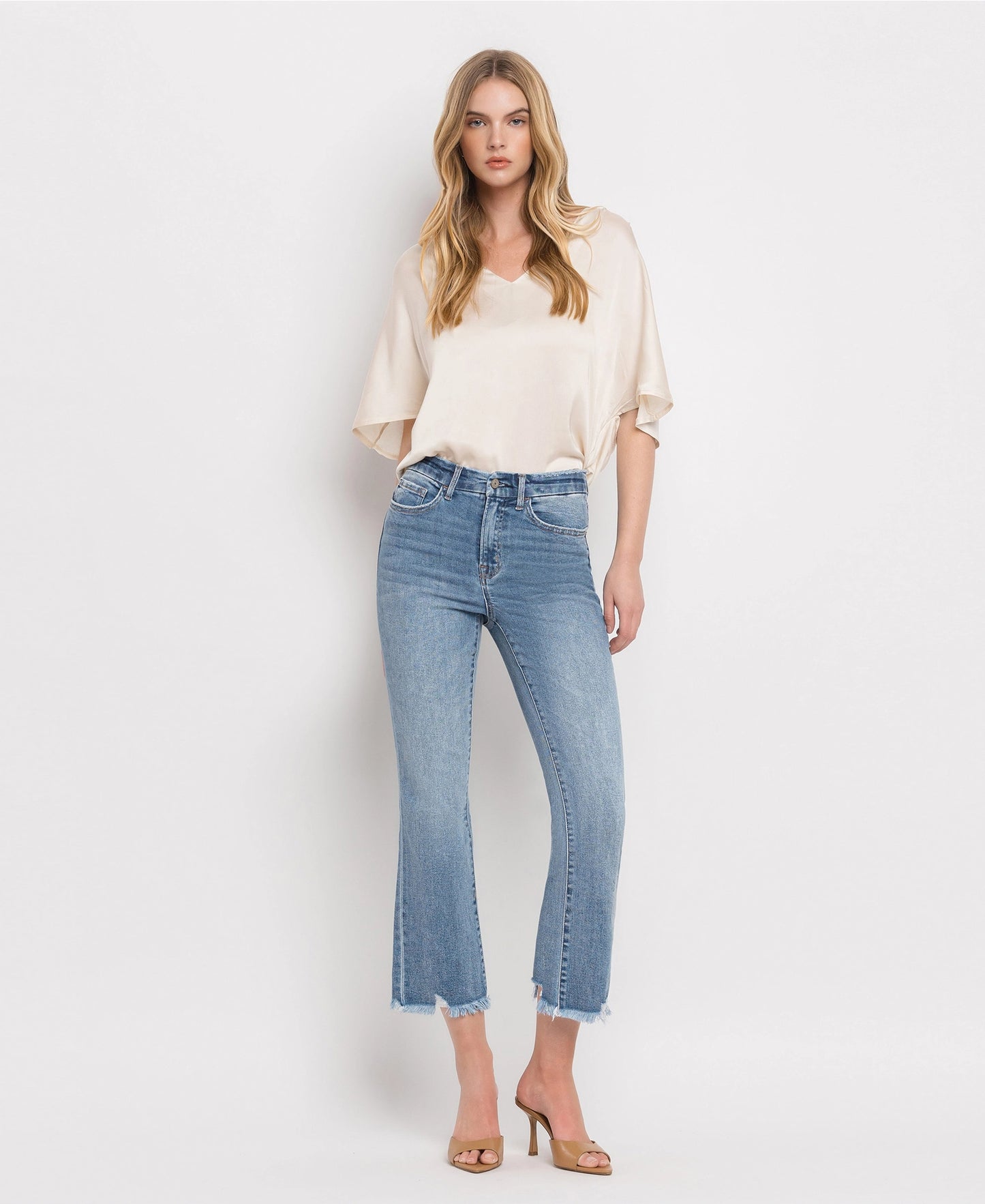 High Rise Frayed Hem Crop Flare Jeans (BELLA)
