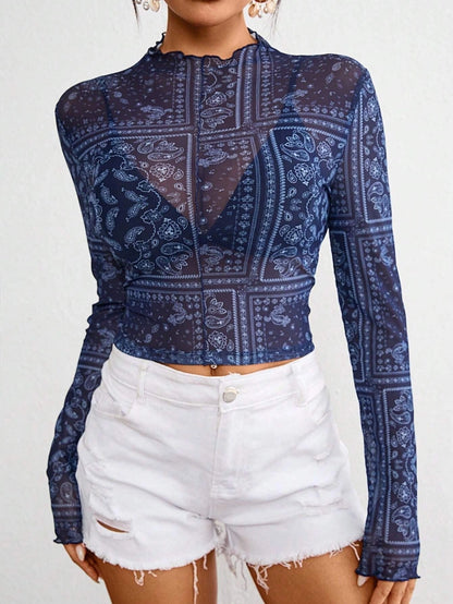 Paisley Print Lace Mesh Fitted Top T-Shirt