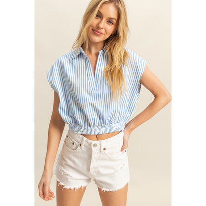 Textured Stripe Collared Crop Top