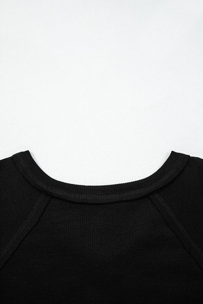 Black Exposed Seam Textured Knit V Neck Pullover Top