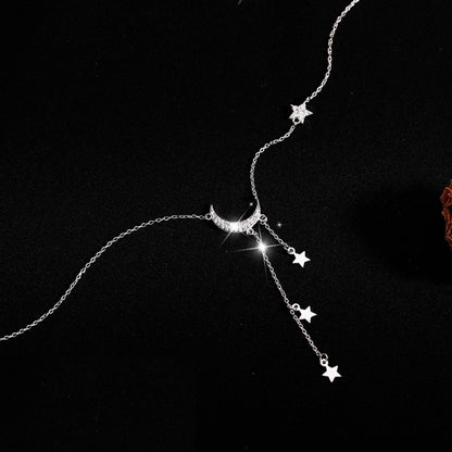 Moon Star Layered Tassel Necklace in 925 Sterling Silver