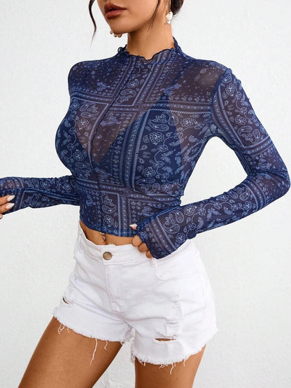 Paisley Print Lace Mesh Fitted Top T-Shirt