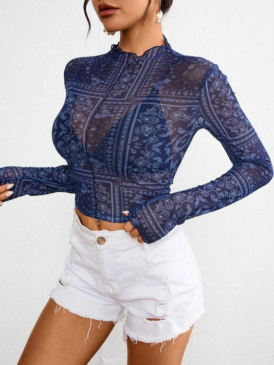 Paisley Print Lace Mesh Fitted Top T-Shirt