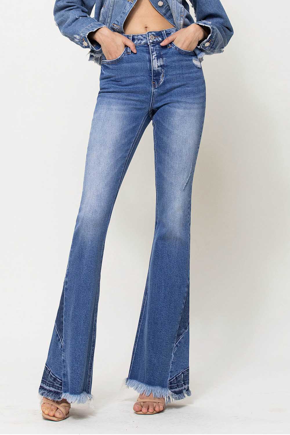 High Rise Side Panel Frayed Hem Super Flare Jeans
