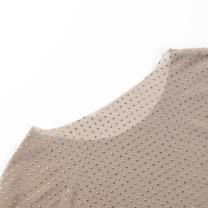 Allover Rhinestone Semi Sheer Mesh See Through Top