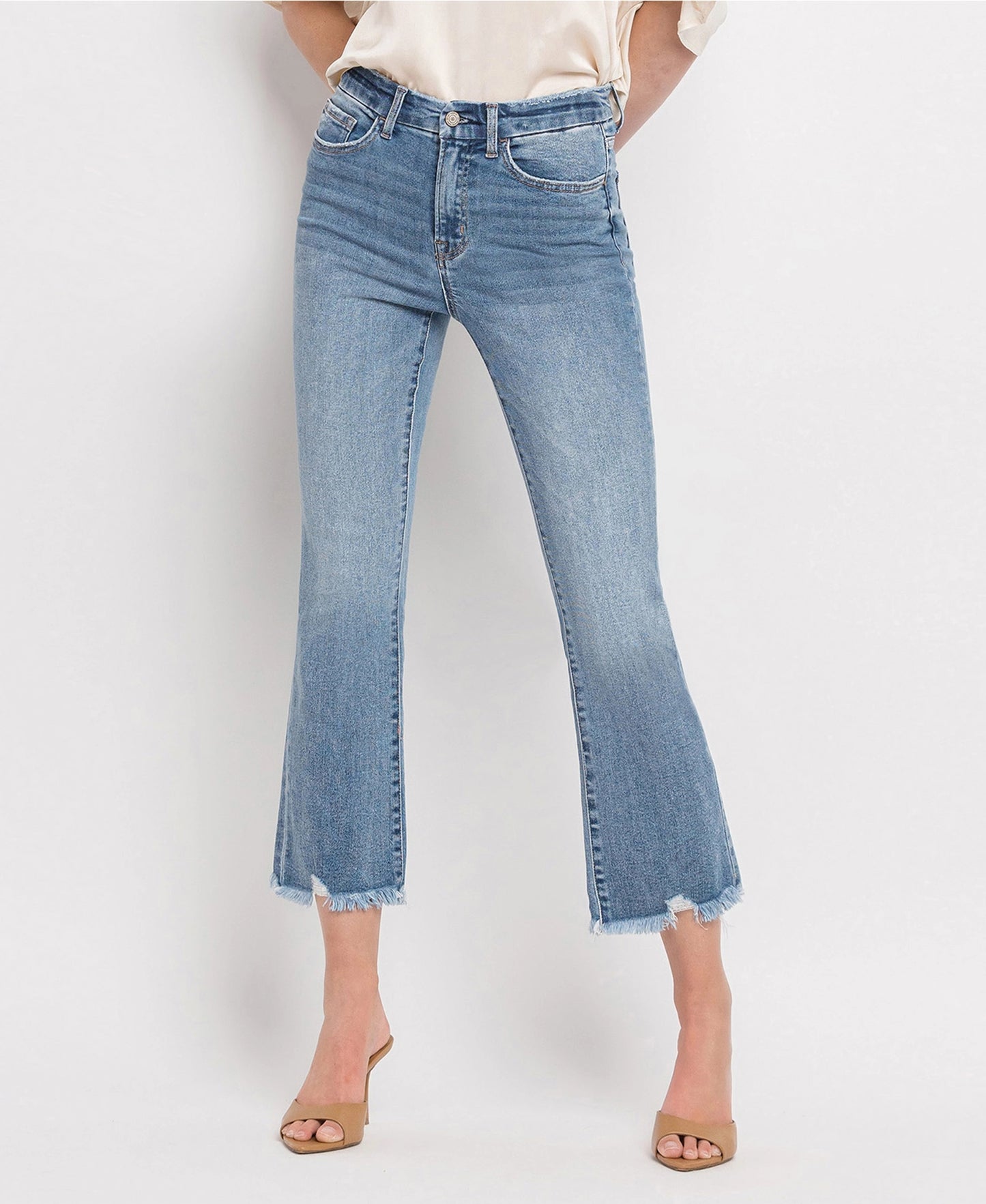 High Rise Frayed Hem Crop Flare Jeans (BELLA)
