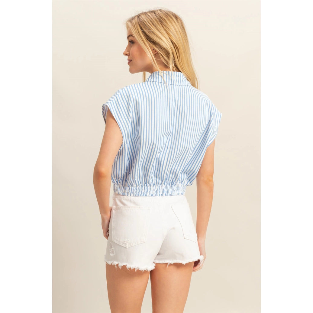 Textured Stripe Collared Crop Top