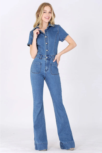 Bellbottom Denim Jumpsuit - 4330 Mid Den