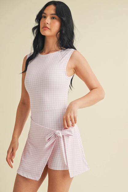 Gingham Print Sleeveless Wrap Tie Front Dress
