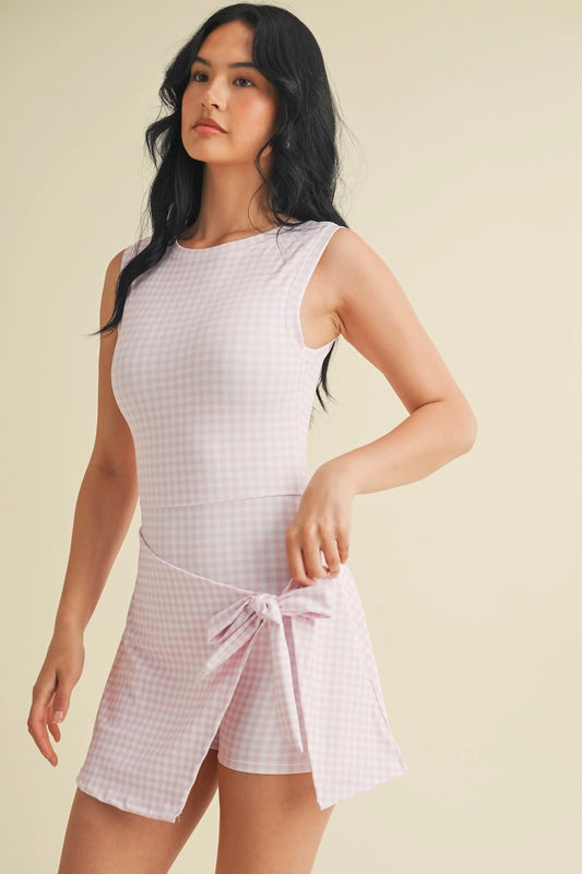 Gingham Print Sleeveless Wrap Tie Front Dress