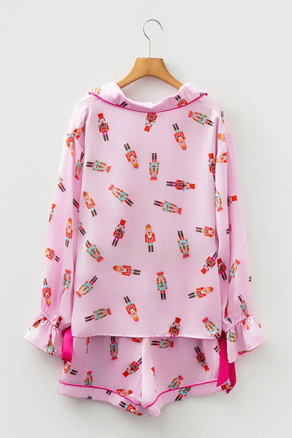 Pink Nutcracker Print Contrast Trim Tied up Bow Silky 2pcs Pajama Set