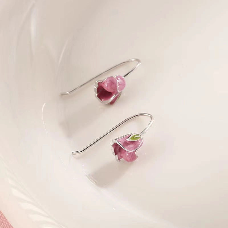 Pink Enamel Tulip Flower Earrings in 925 Sterling Silver